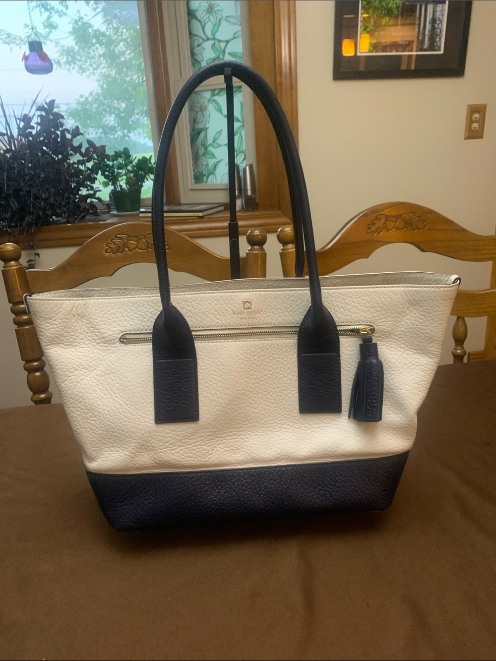 kate spade White and Navy Leather Tote with Tassel